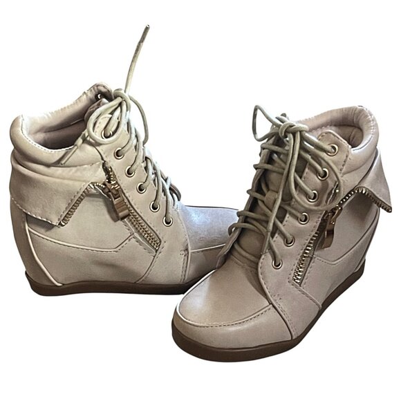 Lucky Top Kids Girls Leatherette Lace-Up High Top Hidden Wedge Beige Sneakers - Picture 3 of 8